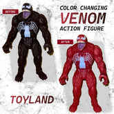 Color-changing Venom action figure before and after transformation on a textured white background with 'Toyland' branding.