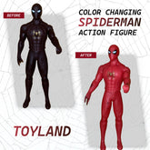 Color-changing Spider-Man action figure before and after transformation on a web-patterned background with 'Toyland' branding.