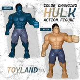 Color-changing Hulk action figure before and after transformation on a gray background with 'Toyland' branding.