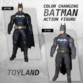 Color-changing Batman action figure before and after transformation on a gray background with 'Toyland' branding.