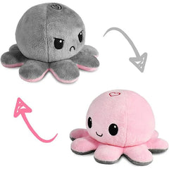 Gray and pink plush octopus toys with different expressions on a white background