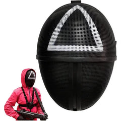 Black helmet with white triangle squid game design and person wearing a pink hooded outfit with matching helmet.