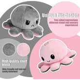 Two plush octopus toys, one gray and one pink, on a gray and pink background with text describing features.