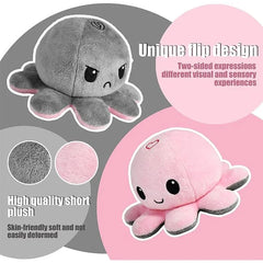 Two plush octopus toys, one gray and one pink, on a gray and pink background with text describing features.