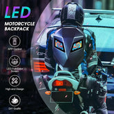 Motorcycle with LED backpack and rider wearing a helmet, showcasing features like app control and full-color screen.