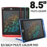 An 8.5 inch multi-colored LCD writing/drawing tablet with a stylus, displaying colorful doodle art and a greeting message on the screen.