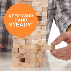 Person playing with Jenga blocks, with an orange circle and text overlay.