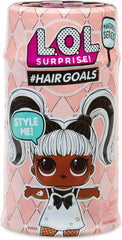 LOL Surprise! Hair Goals toy packaging with character illustration on a pink geometric patterned background.