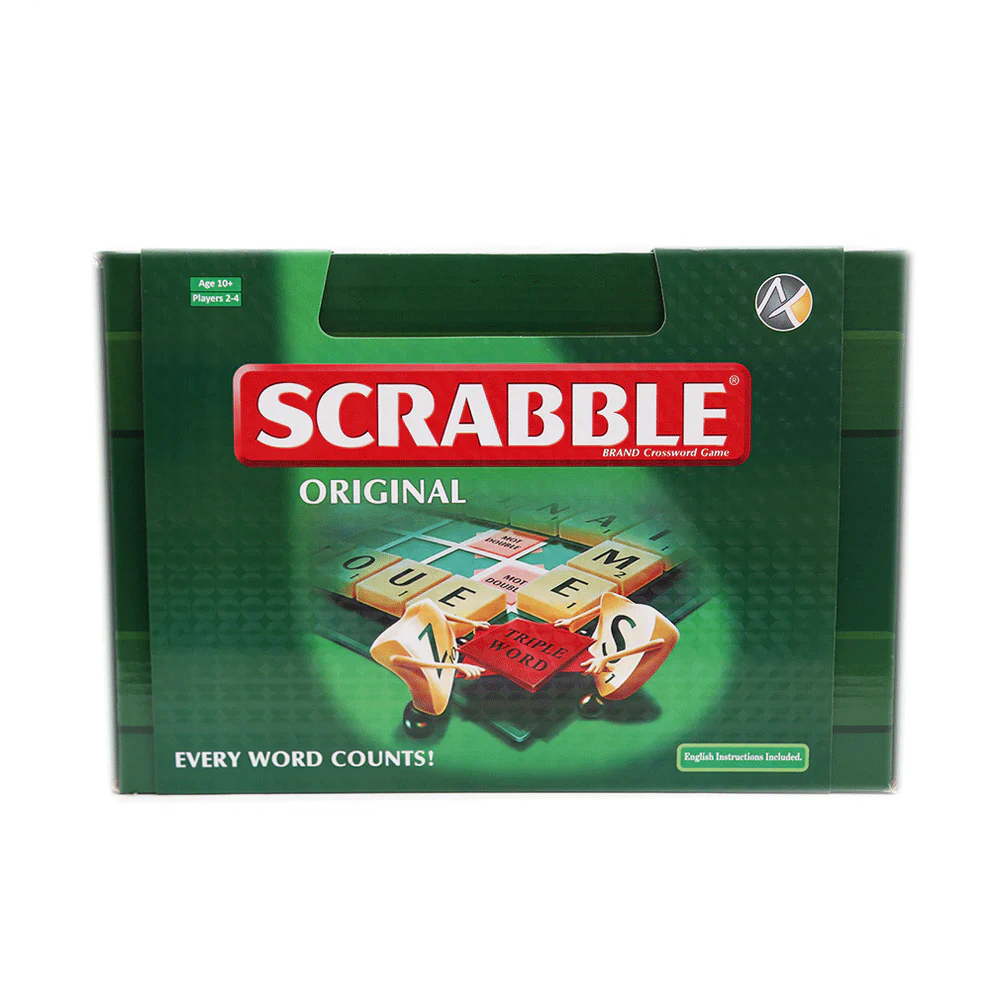 Packaging for Scrabble Original word game showing the game board and pieces with the text 'EVERY WORD COUNTS!' and the Scrabble logo.
