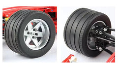 Two views of a wheel with a red vehicle in the background
