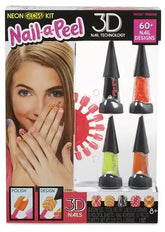 Packaging of Nail-a-Peel 3D Neon Glow Nail Polish Kit, showing the box with images of the neon-colored nail polish bottles and examples of the 3D nail designs.