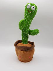 Plush cactus toy with a smiling face in a pot on a white background