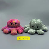 Two plush octopus toys, one pink and one green with white spots, on a gray background with a 'Toyland' label.