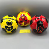 Three superhero-themed soccer balls on a gray background