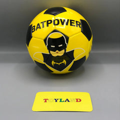 Yellow and black soccer ball with 'Batpower' branding on a gray background, featuring a 'Toyland' card.