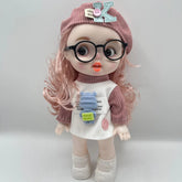 Doll with pink hair, glasses, and a white dress on a light gray background