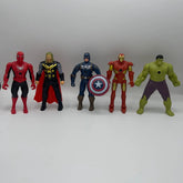 Five superhero action figures on a plain background