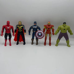 Five superhero action figures on a plain background