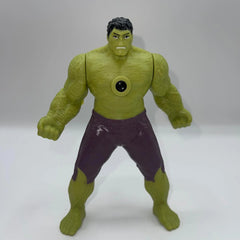 Toy figure of a character in green and purple costume on a white background