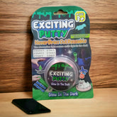 Packaging of Exciting Putty with green and black design on a wooden surface