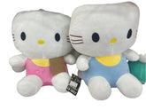 Two plush toys resembling a cat character in pink and blue outfits on a white background.