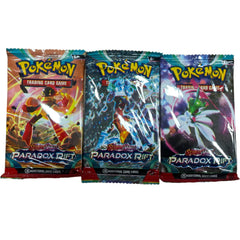 Three Pokemon trading card game packs titled 'Paradox Rift' on a white background.