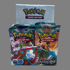Pokemon trading card game packs with a Pokemon logo on a gray background