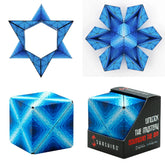 Blue geometric puzzle with packaging on a white background
