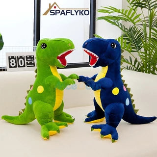 Two plush dinosaur toys, one green and one blue, sitting upright and facing each other.