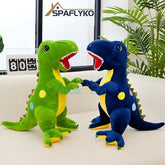 Two plush dinosaur toys, one green and one blue, sitting upright and facing each other.