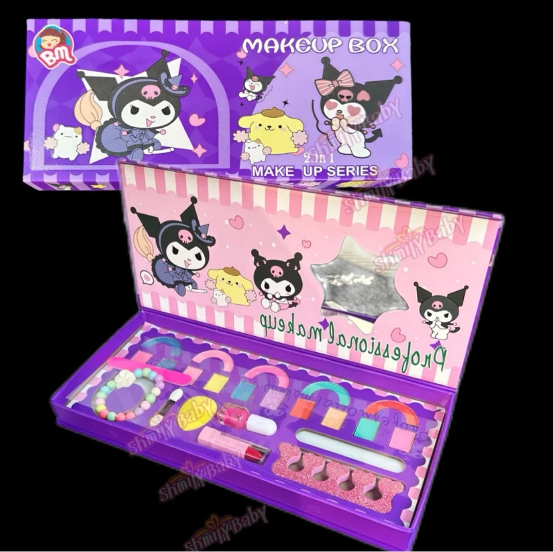 A Kuromi makeup box open to display a set of children's makeup including eyeshadows, nail polish, and lip gloss with Kuromi characters theme.