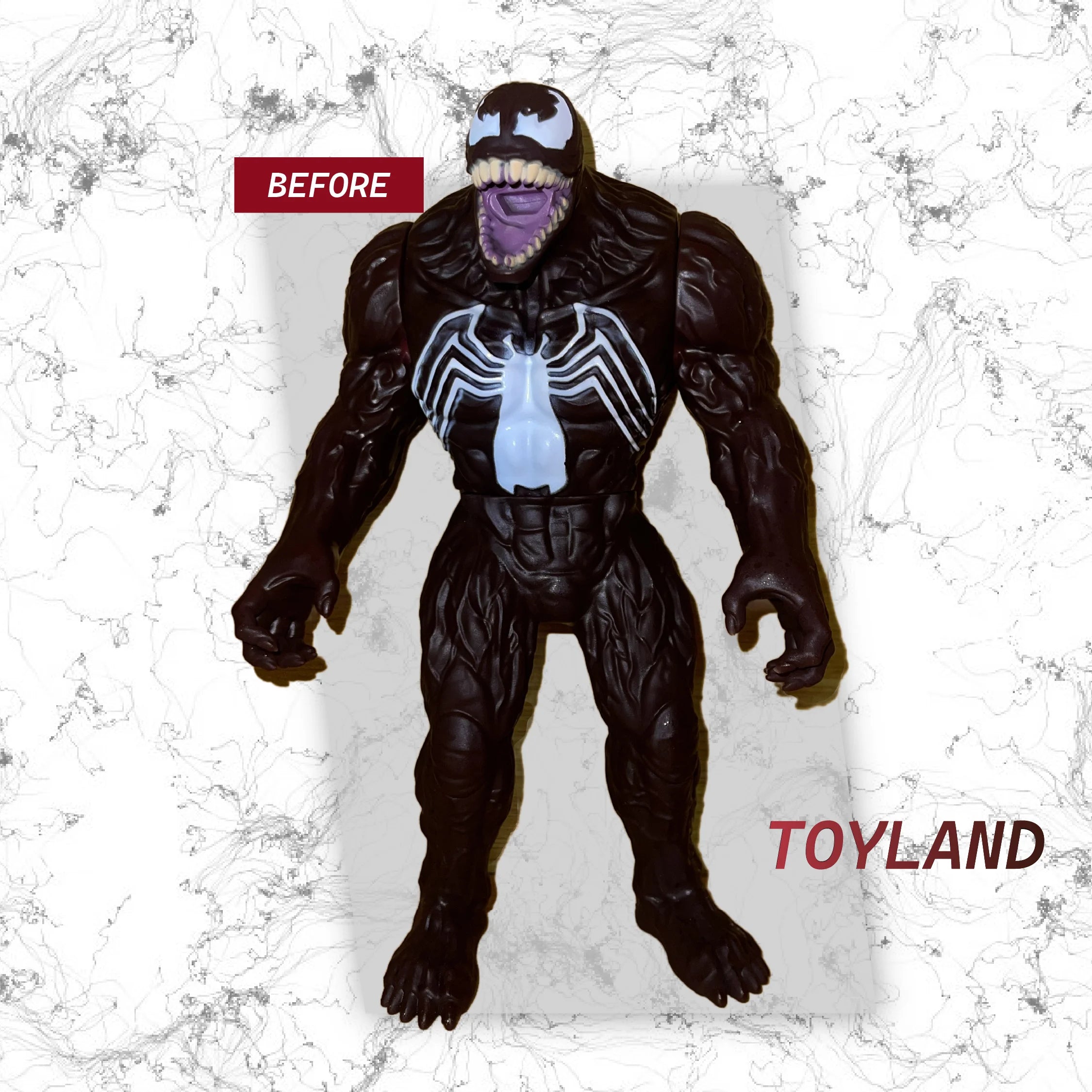 Toy figure with a visible brand name 'Toyland' on a textured white background
