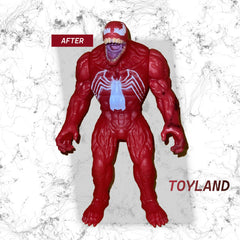 Red superhero figure with a white spider emblem on a textured gray background, labeled 'After' and 'Toyland'.