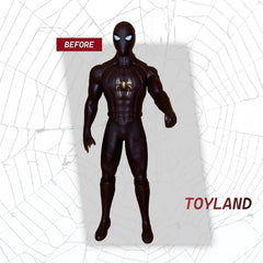 Black Spider-Man action figure on a white background with 'Before' label and 'Toyland' branding.