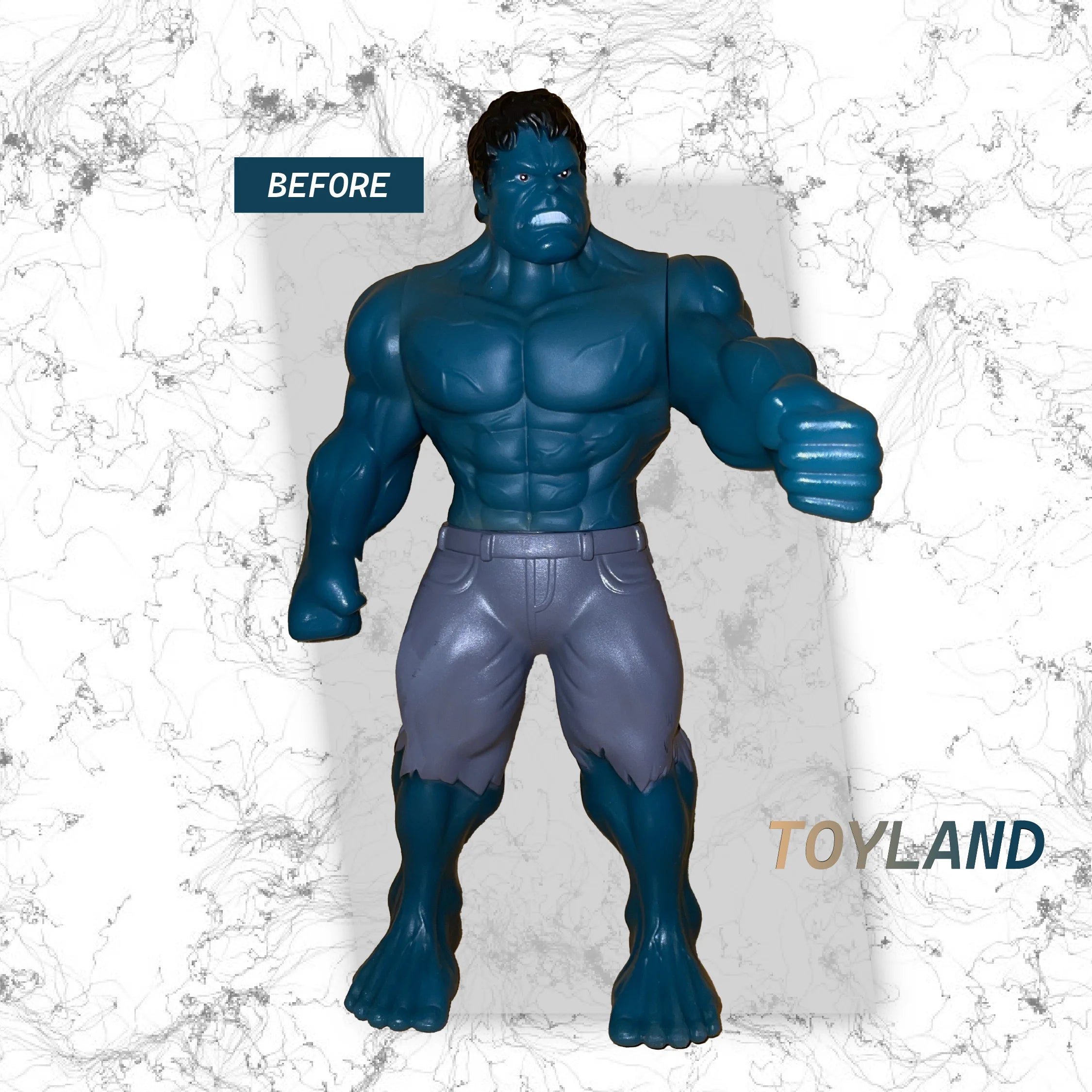 Blue superhero figure with 'Before' label and 'Toyland' branding on a textured white background