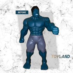 Blue superhero figure with 'Before' label and 'Toyland' branding on a textured white background