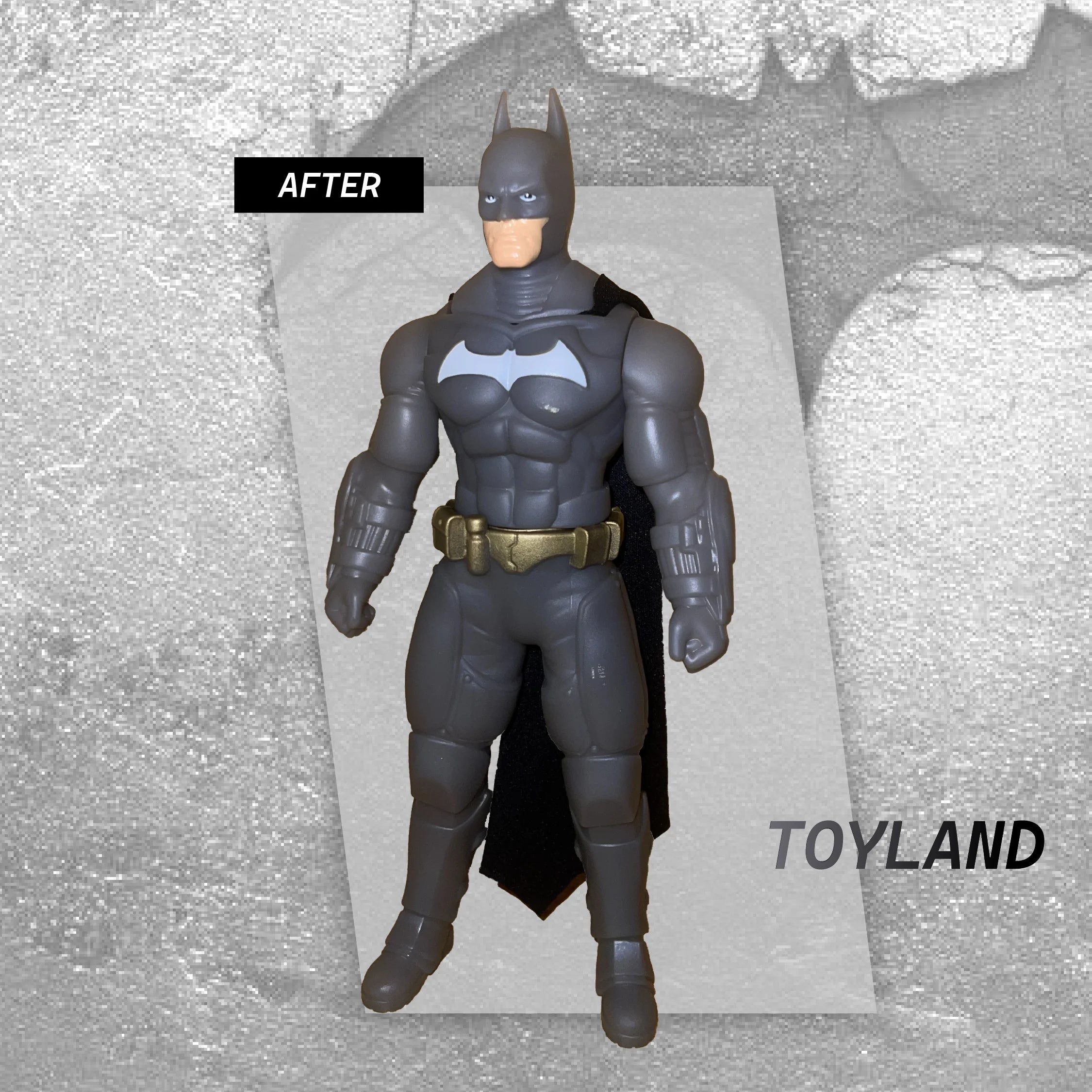 Batman action figure on a gray background with 'Toyland' branding.