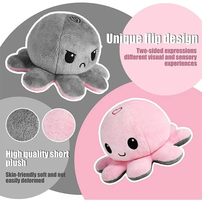 Two plush octopus toys, one gray and one pink, on a gray and pink background with text describing features.