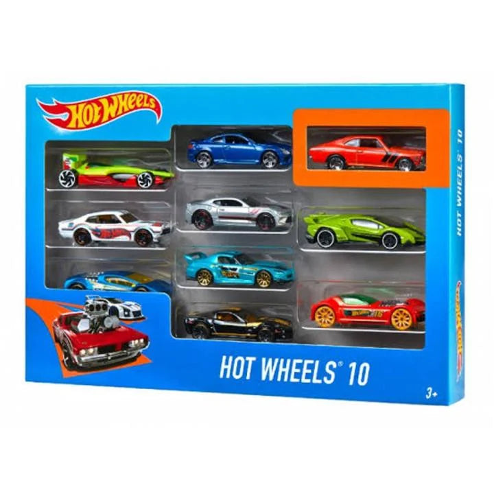 Hot Wheels toy car set packaging with multiple cars displayed