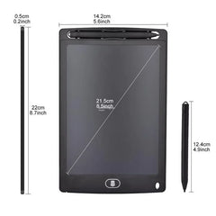 Black electronic writing pad with dimensions indicated on a white background