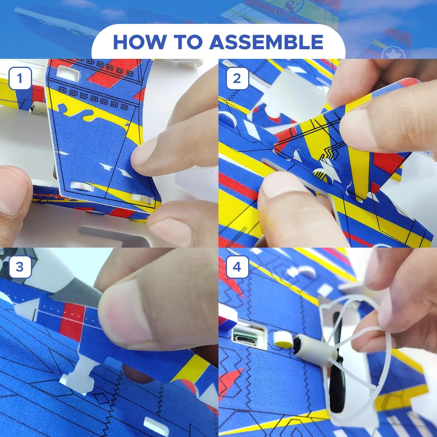 Step-by-step guide on how to assemble a colorful object with labeled steps.
