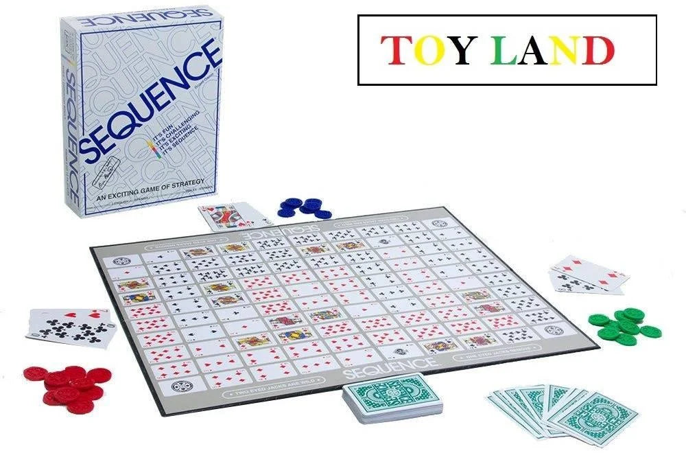 Sequence board game set with cards and pieces on a white background, featuring 'Toy Land' branding.