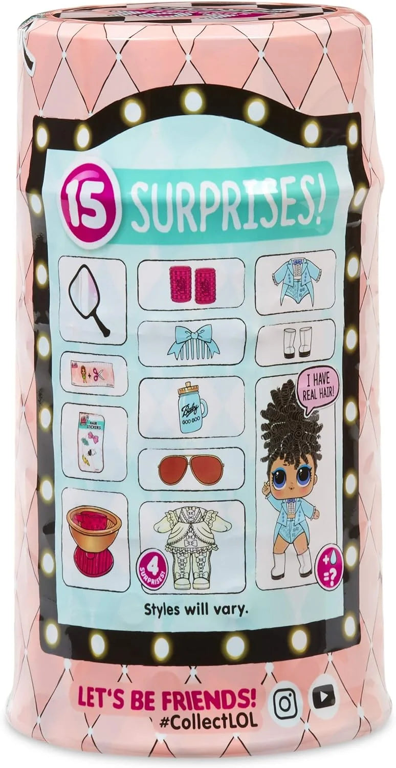 Toy packaging with character and item illustrations on a pink background