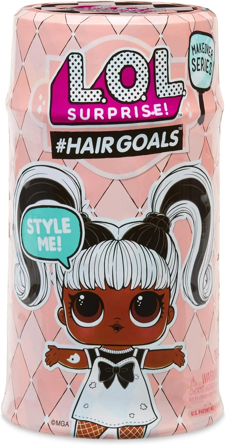 LOL Surprise! Hair Goals toy packaging with character illustration on a pink geometric patterned background.