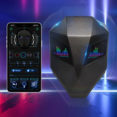 Black electronic device with digital display and smartphone app on a vibrant blue and purple background
