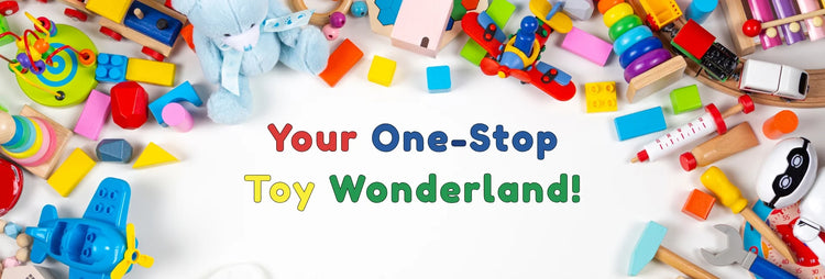 Colorful toys scattered on a white background with text 'Your One-Stop Toy Wonderland!'.