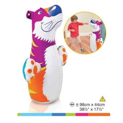 Colorful inflatable dog toy with a child playing with it on a white background