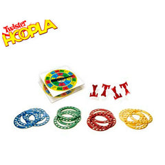 Colorful rings and game board with 'Hoopla' branding on a white background