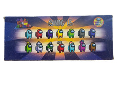 Box of 'Among Us' themed figurines with colorful characters on a blue background