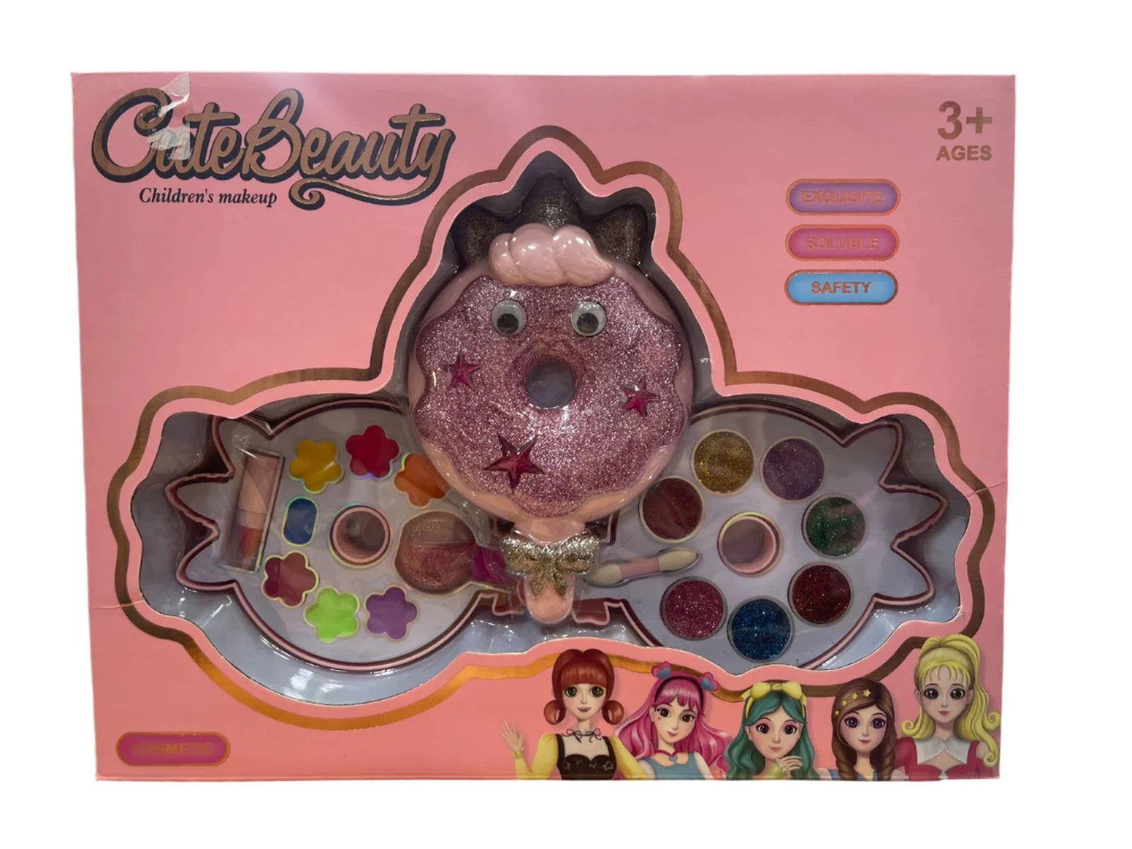 Cute Beauty children's makeup set packaging with toy face and color palette on pink background